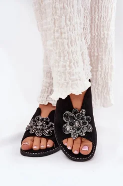 Damskie Damskie buty S.Barski Sandały Damskie Na Płaskim Obcasie Z Ozdobą S.Barski KV27-001 Czarne