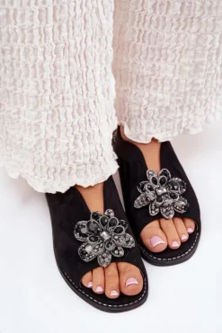 Damskie Damskie buty S.Barski Sandały Damskie Na Płaskim Obcasie Z Ozdobą S.Barski KV27-001 Czarne