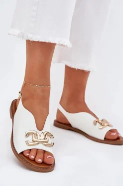 Damskie Evento Sandały Damskie Na Płaskim Obcasie Ze Złotą Ozdobą Białe Amelira