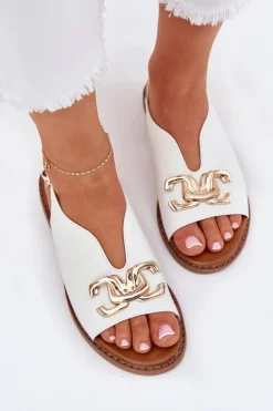Damskie Evento Sandały Damskie Na Płaskim Obcasie Ze Złotą Ozdobą Białe Amelira