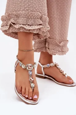 Damskie Boto Sandały Damskie Na Płaskim Obcasie Z Kryształkami Srebrne Fiolalia