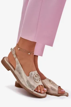 Damskie buty S.Barski Sandały Płaskie*Sandały Damskie Na Płaskim Obcasie Z Ozdobą S.Barski KV51-002 Złote Złoty