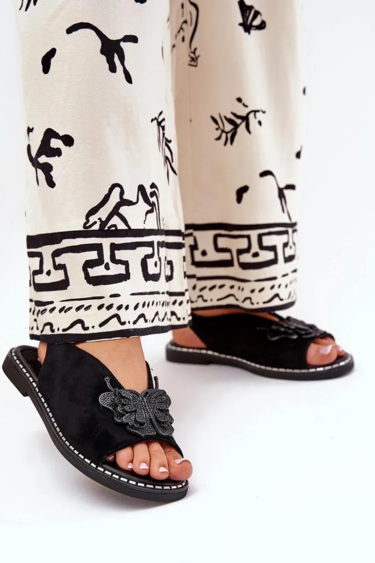 Boto Sandały Płaskie*Sandały Damskie Na Płaskim Obcasie Z Ozdobą Czarne Setorina Czarny