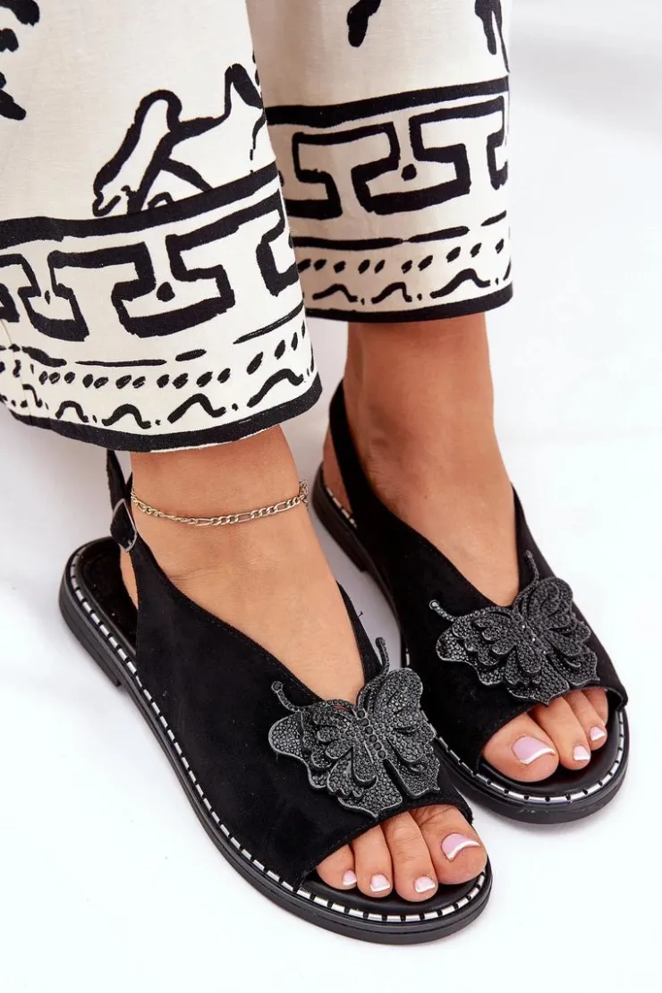 Boto Sandały Płaskie*Sandały Damskie Na Płaskim Obcasie Z Ozdobą Czarne Setorina Czarny