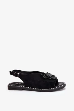 Boto Sandały Płaskie*Sandały Damskie Na Płaskim Obcasie Z Ozdobą Czarne Setorina Czarny