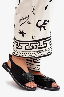 Boto Sandały Płaskie*Sandały Damskie Na Płaskim Obcasie Z Ozdobą Czarne Setorina Czarny