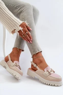 Damskie buty S.Barski Sandały Płaskie*Sandały Damskie Na Płaskim Obcasie Z Ozdobą Beżowe D&A MR38-656 Beżowy