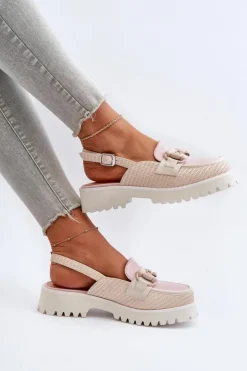 Damskie buty S.Barski Sandały Płaskie*Sandały Damskie Na Płaskim Obcasie Z Ozdobą Beżowe D&A MR38-656 Beżowy