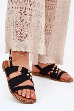 Boto Sandały Płaskie*Sandały Damskie Na Płaskim Obcasie Ze Złotymi Ćwiekami Czarne Zanira Czarny