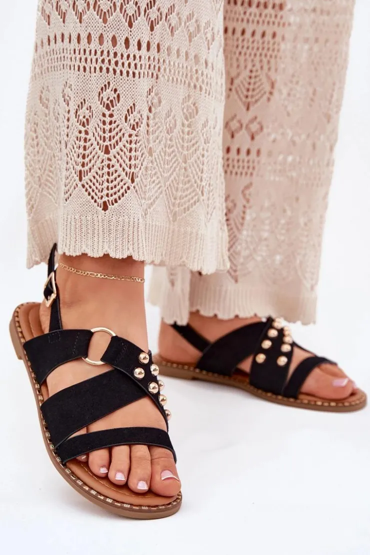 Boto Sandały Płaskie*Sandały Damskie Na Płaskim Obcasie Ze Złotymi Ćwiekami Czarne Zanira Czarny