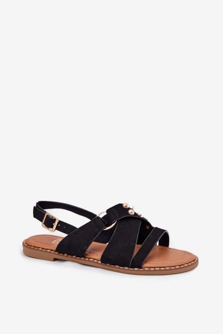 Boto Sandały Płaskie*Sandały Damskie Na Płaskim Obcasie Ze Złotymi Ćwiekami Czarne Zanira Czarny