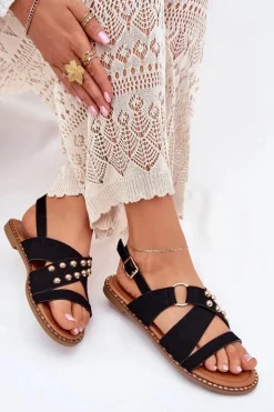 Boto Sandały Płaskie*Sandały Damskie Na Płaskim Obcasie Ze Złotymi Ćwiekami Czarne Zanira Czarny