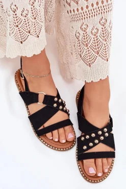 Boto Sandały Płaskie*Sandały Damskie Na Płaskim Obcasie Ze Złotymi Ćwiekami Czarne Zanira Czarny