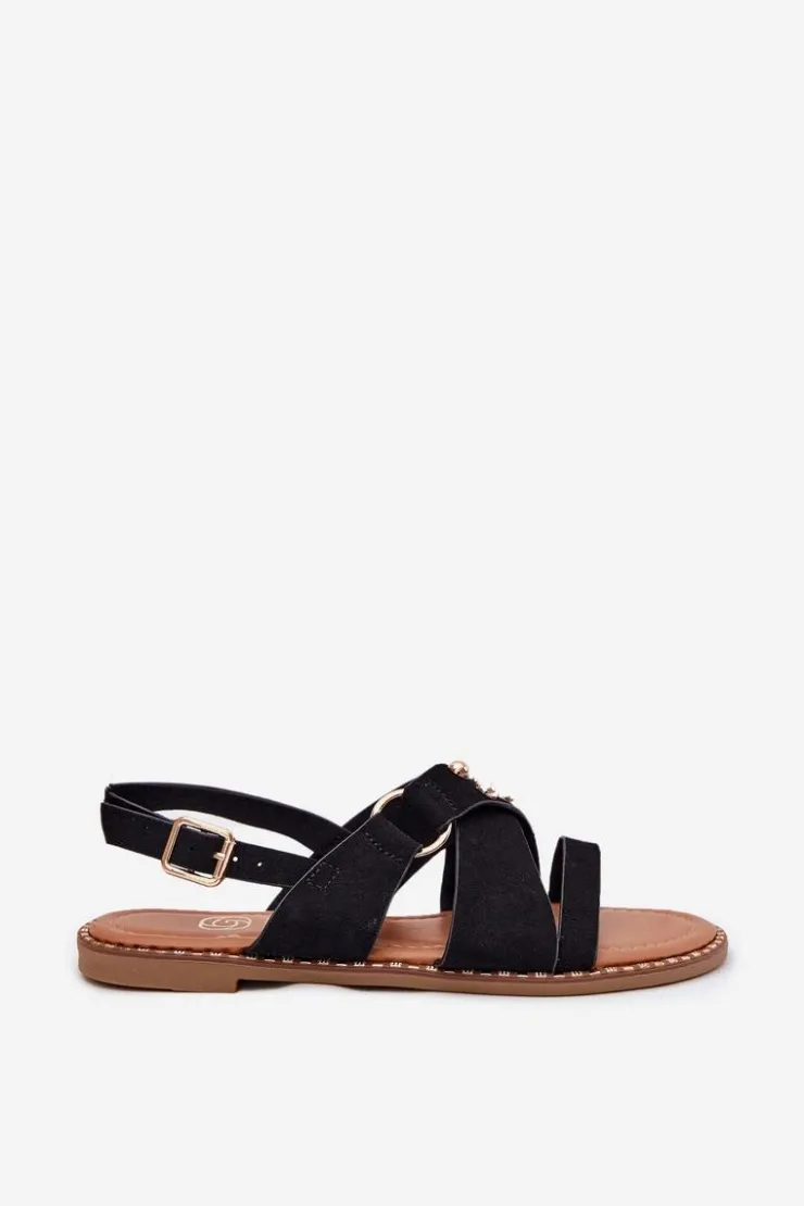 Boto Sandały Płaskie*Sandały Damskie Na Płaskim Obcasie Ze Złotymi Ćwiekami Czarne Zanira Czarny