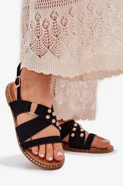 Boto Sandały Płaskie*Sandały Damskie Na Płaskim Obcasie Ze Złotymi Ćwiekami Czarne Zanira Czarny