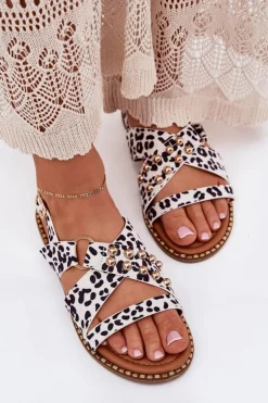 Damskie Boto Sandały Damskie Na Płaskim Obcasie Ze Złotymi Ćwiekami Biało-Czarne Zanira