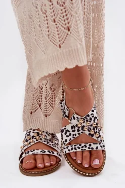 Damskie Boto Sandały Damskie Na Płaskim Obcasie Ze Złotymi Ćwiekami Biało-Czarne Zanira