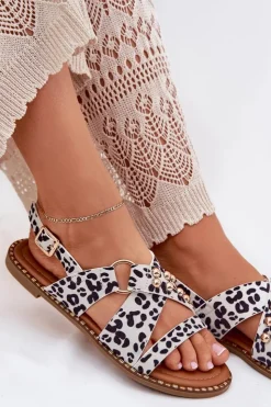 Damskie Boto Sandały Damskie Na Płaskim Obcasie Ze Złotymi Ćwiekami Biało-Czarne Zanira