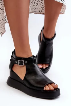 Sale Boto Sandały Damskie Na Platformie I Koturnie Z Eko Skóry Czarne Hloeli