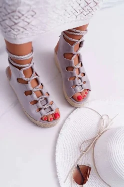 Boto Sandały Na Koturnie|Sandały Płaskie*Sandały Damskie Na Platformie Z Espadrylem Sznurowane Szare Grand