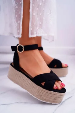 Damskie Boto Sandały Damskie Na Platformie Lniane Czarne Dafostre