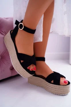 Damskie Boto Sandały Damskie Na Platformie Lniane Czarne Dafostre