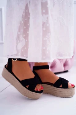 Damskie Boto Sandały Damskie Na Platformie Lniane Czarne Dafostre