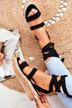 Damskie Boto Sandały Damskie Na Platformie Wiązane Czarne La Favorite