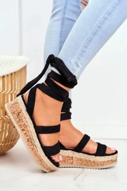 Damskie Boto Sandały Damskie Na Platformie Wiązane Czarne La Favorite