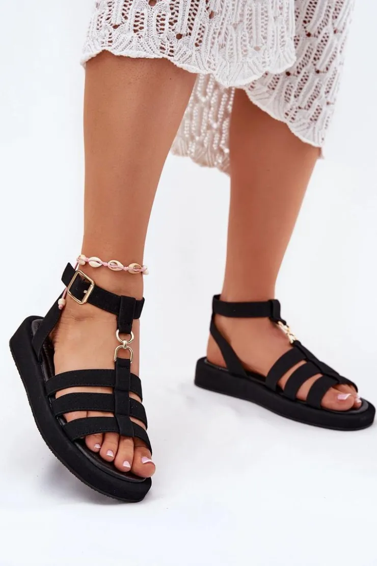 Boto Sandały Płaskie*Sandały Damskie Na Platformie Ze Złotym Detalem Czarne Kartia Czarny