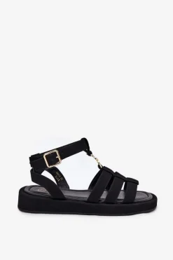 Boto Sandały Płaskie*Sandały Damskie Na Platformie Ze Złotym Detalem Czarne Kartia Czarny