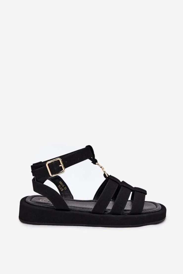 Boto Sandały Płaskie*Sandały Damskie Na Platformie Ze Złotym Detalem Czarne Kartia Czarny