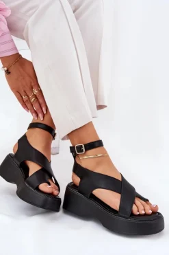 Best Boto Sandały Damskie Na Platformie I Koturnie Eko Skórzane Czarne Tenzorus Czarny