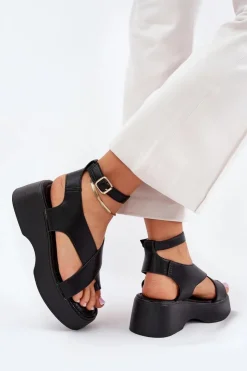 Best Boto Sandały Damskie Na Platformie I Koturnie Eko Skórzane Czarne Tenzorus Czarny