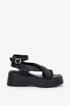 Best Boto Sandały Damskie Na Platformie I Koturnie Eko Skórzane Czarne Tenzorus Czarny