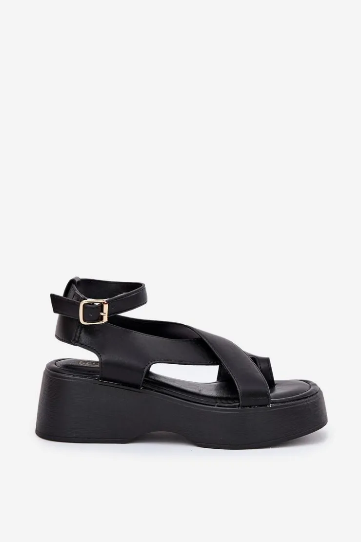 Best Boto Sandały Damskie Na Platformie I Koturnie Eko Skórzane Czarne Tenzorus Czarny