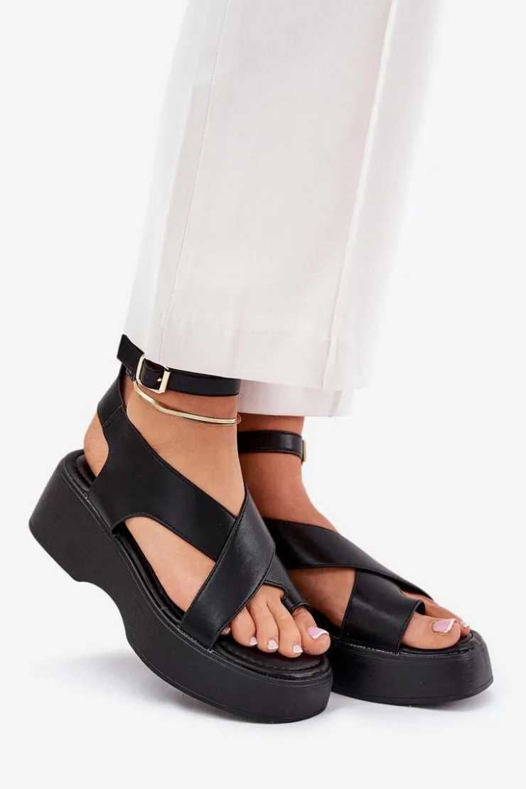 Best Boto Sandały Damskie Na Platformie I Koturnie Eko Skórzane Czarne Tenzorus Czarny