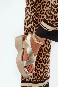 Best Boto Sandały Damskie Na Platformie I Koturnie Eko Skórzane Złote Tenzorus Złoty