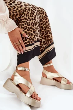 Best Boto Sandały Damskie Na Platformie I Koturnie Eko Skórzane Złote Tenzorus Złoty