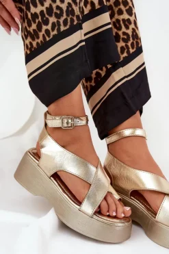 Best Boto Sandały Damskie Na Platformie I Koturnie Eko Skórzane Złote Tenzorus Złoty