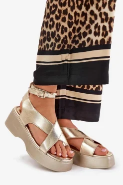 Best Boto Sandały Damskie Na Platformie I Koturnie Eko Skórzane Złote Tenzorus Złoty