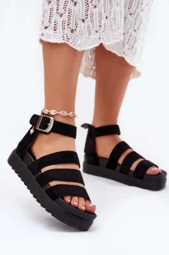 Damskie Boto Sandały Damskie Na Platformie Z Paskami Czarne Nevidas