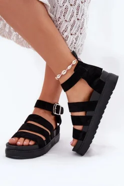 Damskie Boto Sandały Damskie Na Platformie Z Paskami Czarne Nevidas