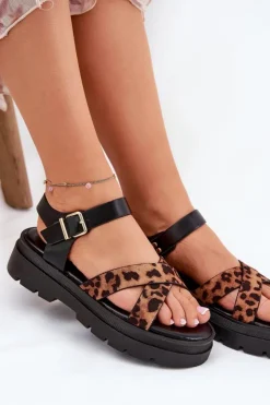 Boto Sandały Płaskie*Sandały Damskie Na Platformie W Panterkę Brązowe Gevinniser Brązowy
