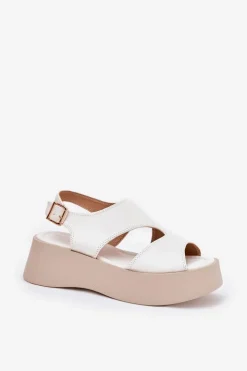 Damskie Boto Sandały Damskie Na Platformie Eko Skórzane Białe Karonia