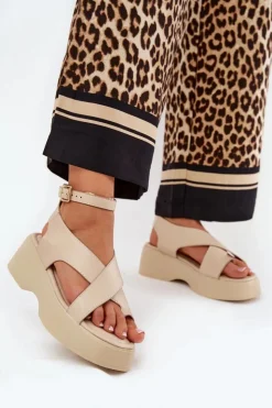 Damskie Boto Sandały Damskie Na Platformie I Koturnie Eko Skórzane Beżowe Tenzorus