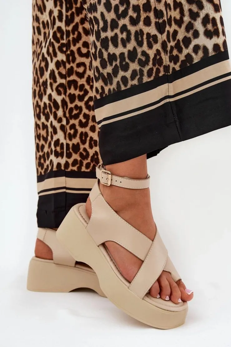 Damskie Boto Sandały Damskie Na Platformie I Koturnie Eko Skórzane Beżowe Tenzorus