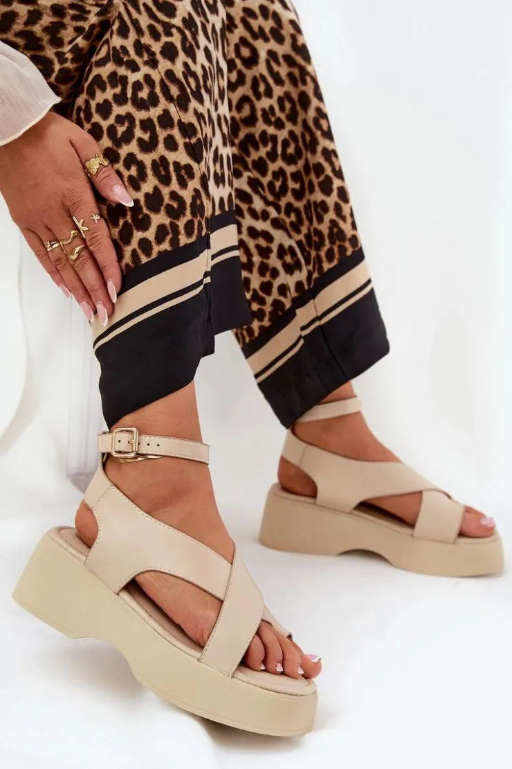 Damskie Boto Sandały Damskie Na Platformie I Koturnie Eko Skórzane Beżowe Tenzorus