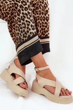 Damskie Boto Sandały Damskie Na Platformie I Koturnie Eko Skórzane Beżowe Tenzorus