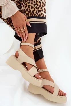 Damskie Boto Sandały Damskie Na Platformie I Koturnie Eko Skórzane Beżowe Tenzorus